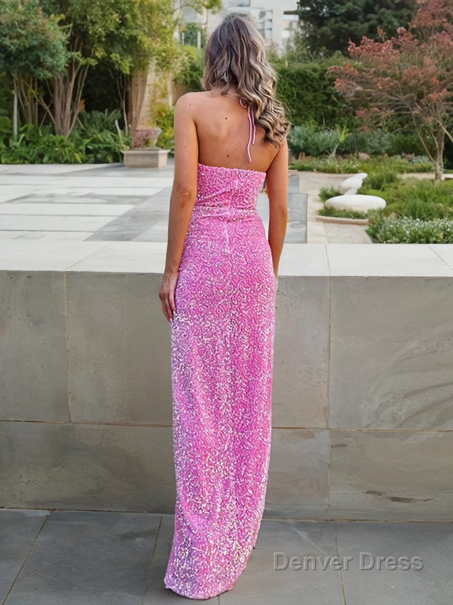 Sheath Column Halter Floor Length Velvet Sequins Prom Dresses With Leg Slit