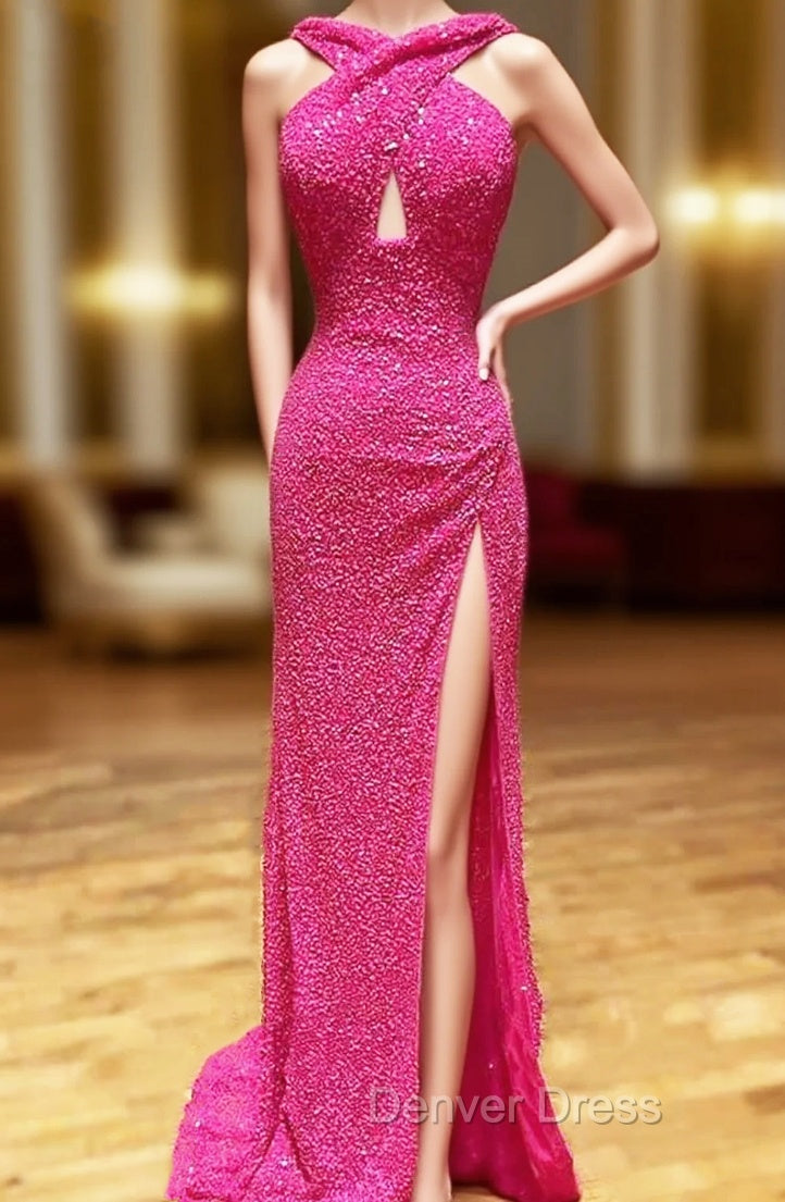 Sheath/Column Halter Sleeveless Court Train Velvet Sequins Prom Dresses With Split Main image
