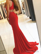 Sheath Column Halter Sweep Train Jersey Prom Dresses With Leg Slit
