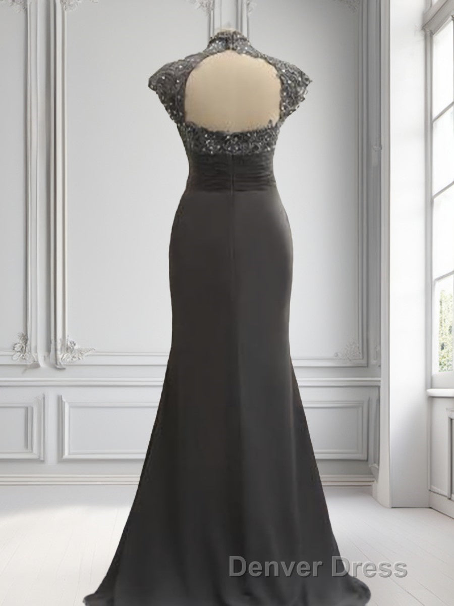 Sheath Column High Neck Sweep Train Chiffon Mother of the Bride Dresses With Lace