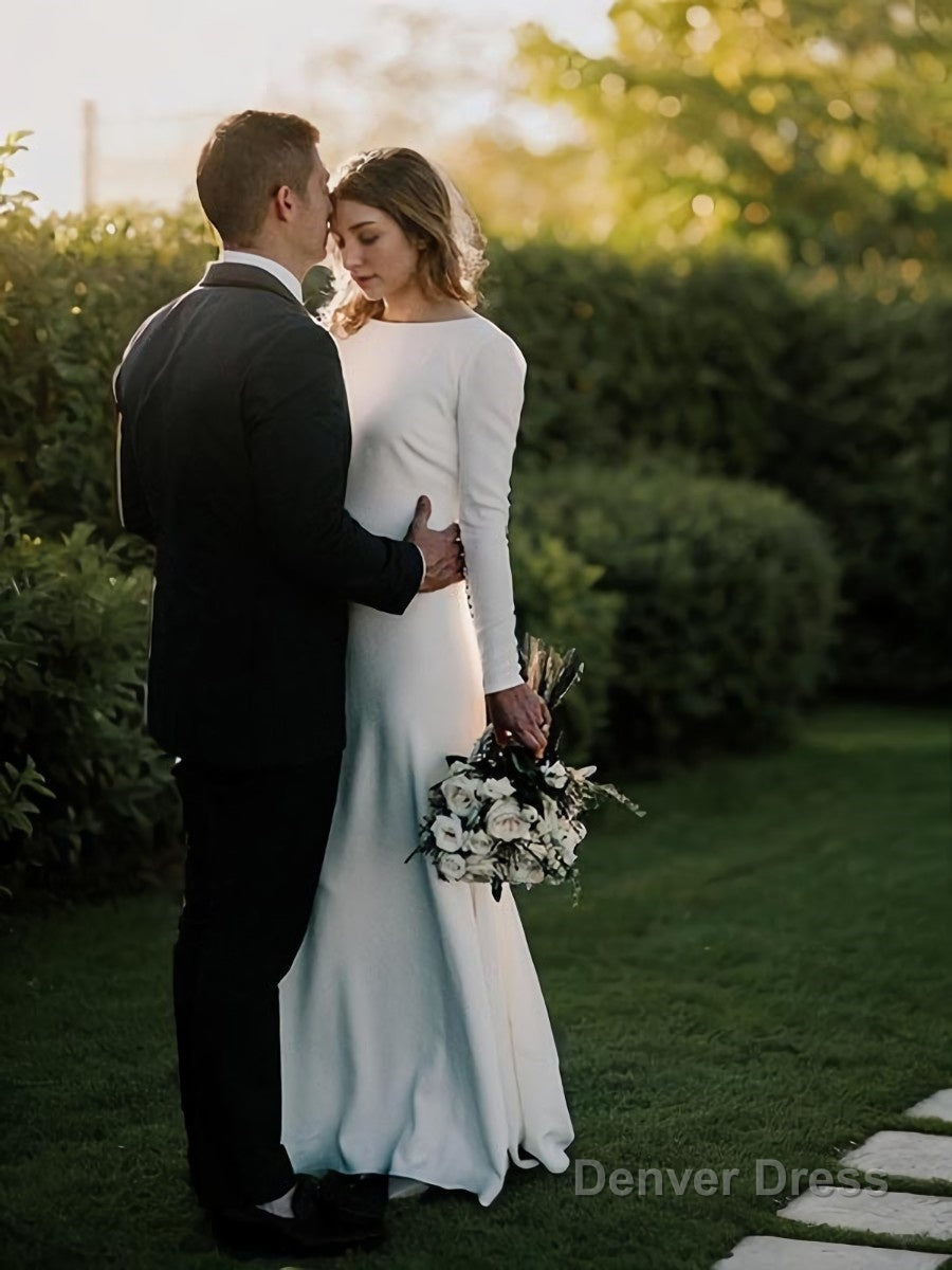 Sheath Column Jewel Sweep Train Stretch Crepe Wedding Dresses