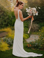Sheath Column Jewel Sweep Train Stretch Crepe Wedding Dresses