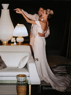 Sheath Column Off The Shoulder Chapel Train Charmeuse Wedding Dresses With Leg Slit