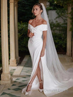 Sheath Column Off The Shoulder Chapel Train Charmeuse Wedding Dresses With Leg Slit