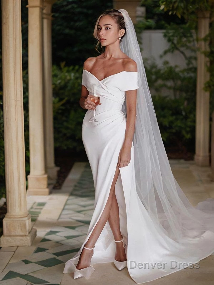 Sheath Column Off The Shoulder Chapel Train Charmeuse Wedding Dresses With Leg Slit