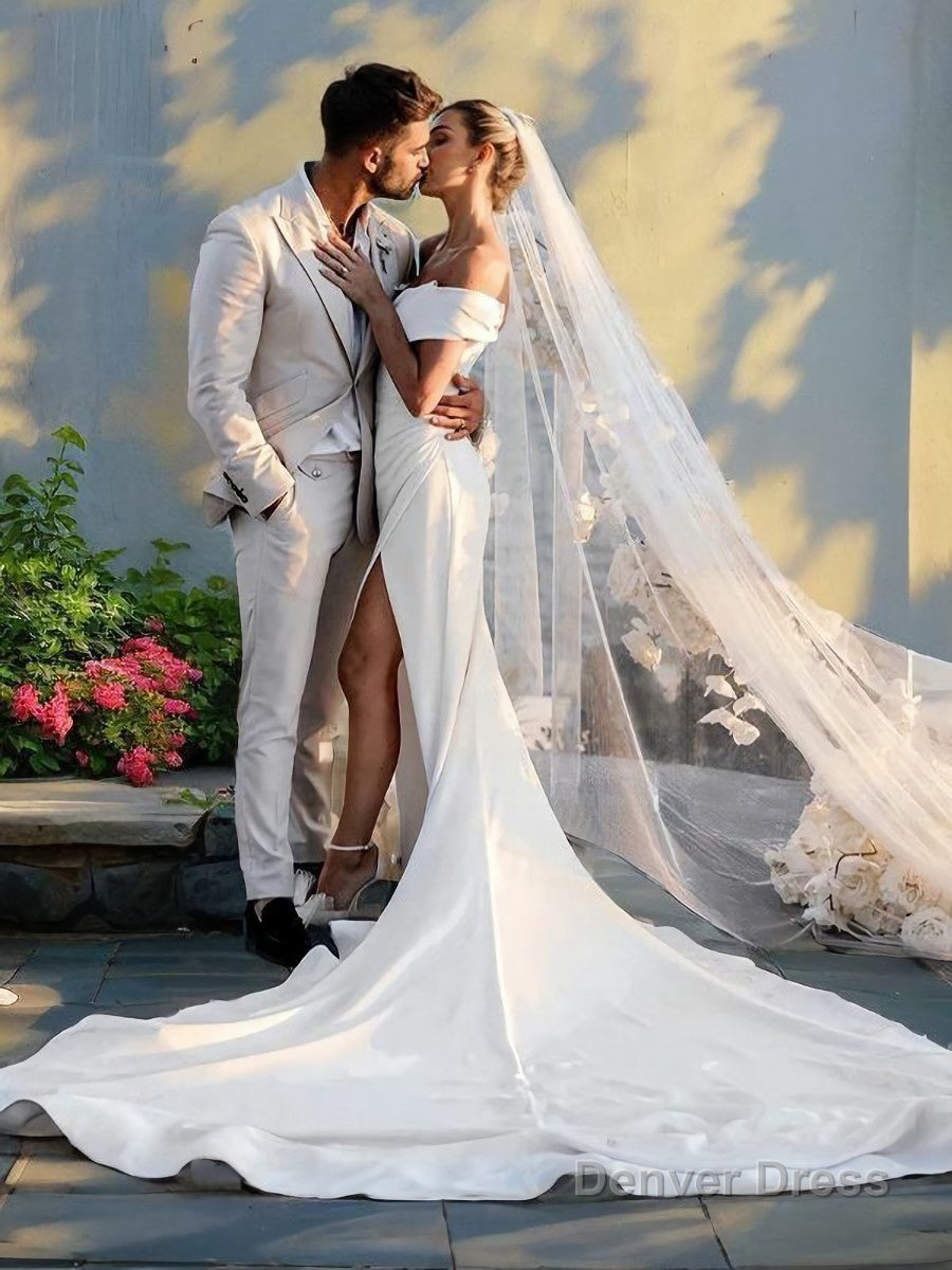 Sheath Column Off The Shoulder Chapel Train Charmeuse Wedding Dresses With Leg Slit