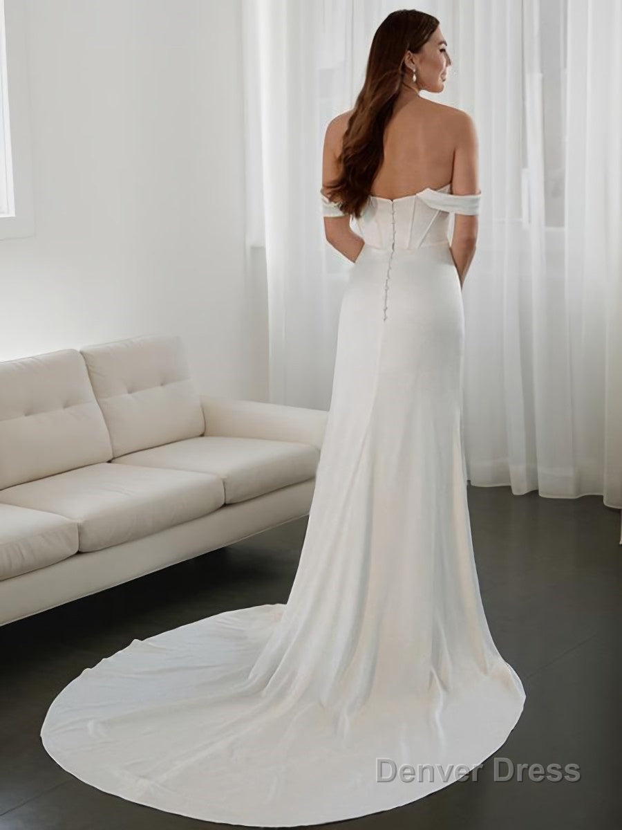 Sheath Column Off The Shoulder Court Train Charmeuse Wedding Dresses With Leg Slit Secondary image