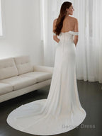 Sheath Column Off The Shoulder Court Train Charmeuse Wedding Dresses With Leg Slit