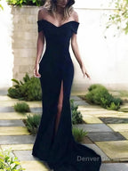 Sheath Column Off The Shoulder Court Train Jersey Prom Dresses With Leg Slit