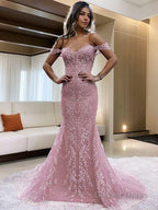Sheath Column Off The Shoulder Court Train Lace Prom Dresses With Appliques Lace
