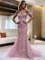 Sheath Column Off The Shoulder Court Train Lace Prom Dresses With Appliques Lace