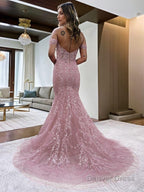 Sheath Column Off The Shoulder Court Train Lace Prom Dresses With Appliques Lace