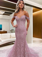 Sheath Column Off The Shoulder Court Train Lace Prom Dresses With Appliques Lace