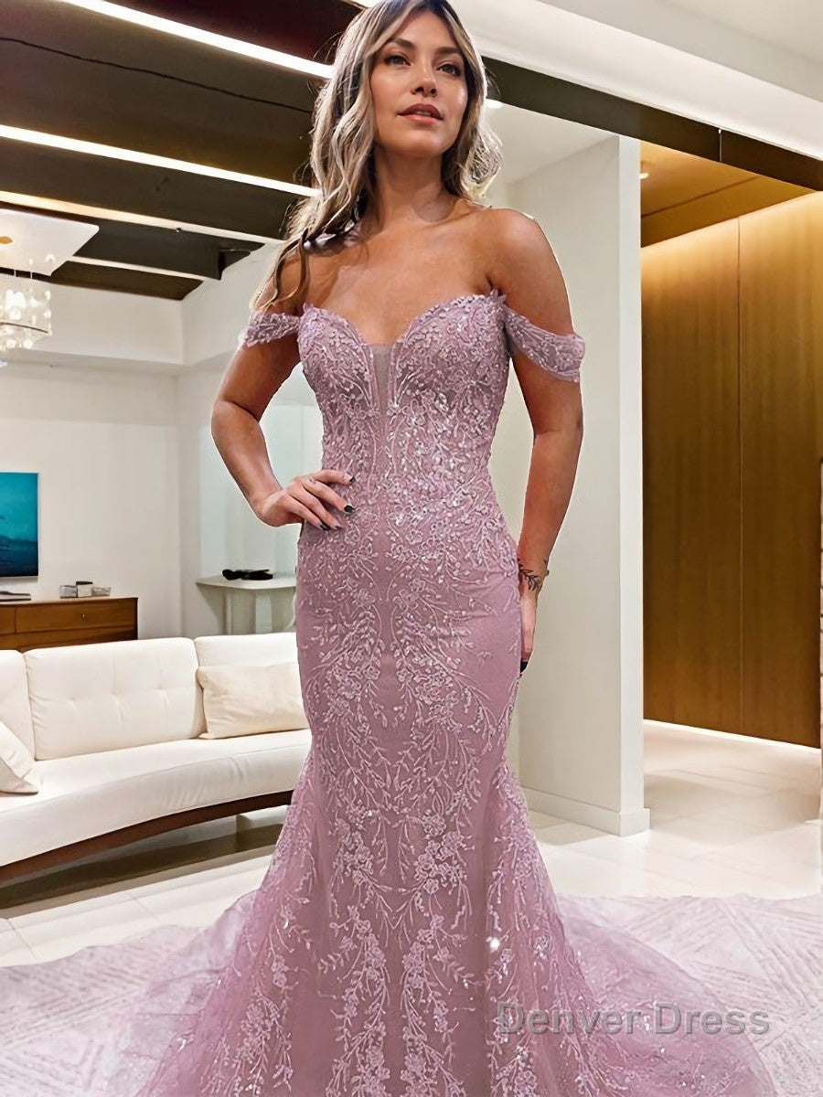 Sheath Column Off The Shoulder Court Train Lace Prom Dresses With Appliques Lace