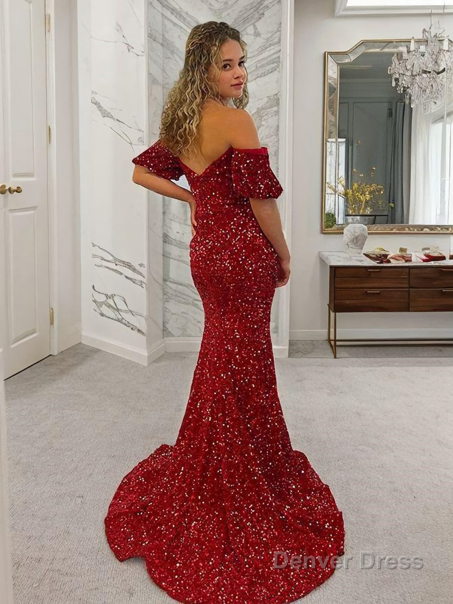 Sheath Column Off The Shoulder Court Train Velvet Sequins Prom Dresses With Leg Slit Secondary image