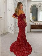 Sheath Column Off The Shoulder Court Train Velvet Sequins Prom Dresses With Leg Slit