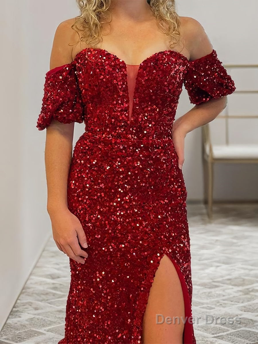 Sheath Column Off The Shoulder Court Train Velvet Sequins Prom Dresses With Leg Slit
