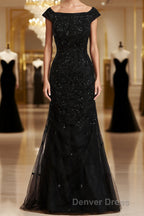 Sheath Column Off The Shoulder Floor Length Tulle Mother of the Bride Dresses With Beading