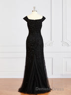 Sheath Column Off The Shoulder Floor Length Tulle Mother of the Bride Dresses With Beading