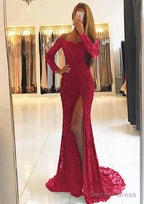 Sheath Column Off The Shoulder Full Long Sleeve Sweep Train Lace Dresses With Split