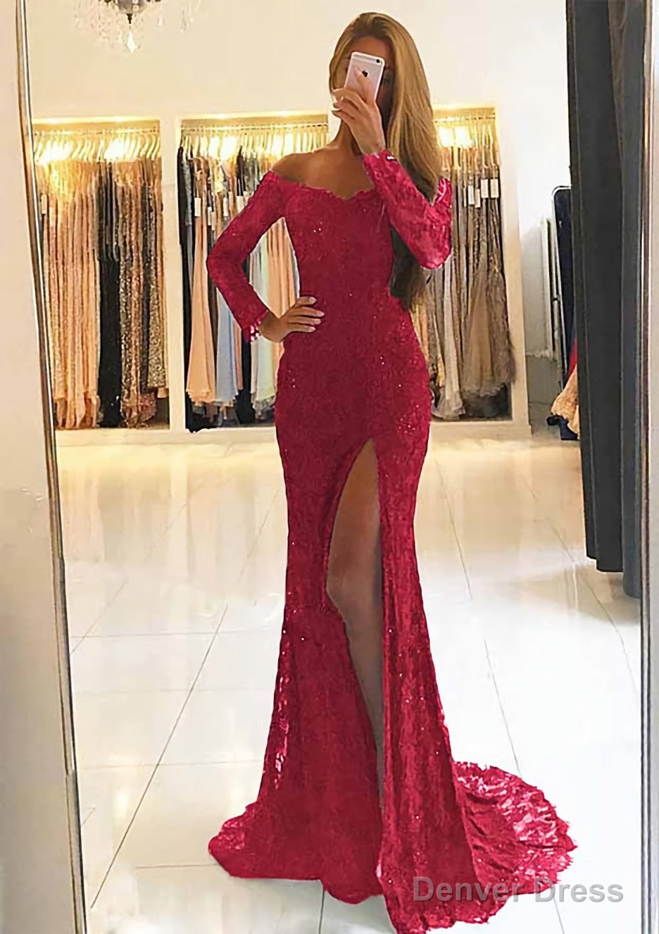 Sheath Column Off The Shoulder Full Long Sleeve Sweep Train Lace Dresses With Split
