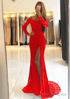Sheath Column Off The Shoulder Full Long Sleeve Sweep Train Lace Dresses With Split