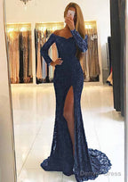 Sheath Column Off The Shoulder Full Long Sleeve Sweep Train Lace Dresses With Split