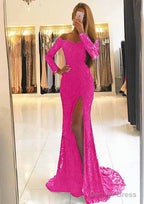 Sheath Column Off The Shoulder Full Long Sleeve Sweep Train Lace Dresses With Split