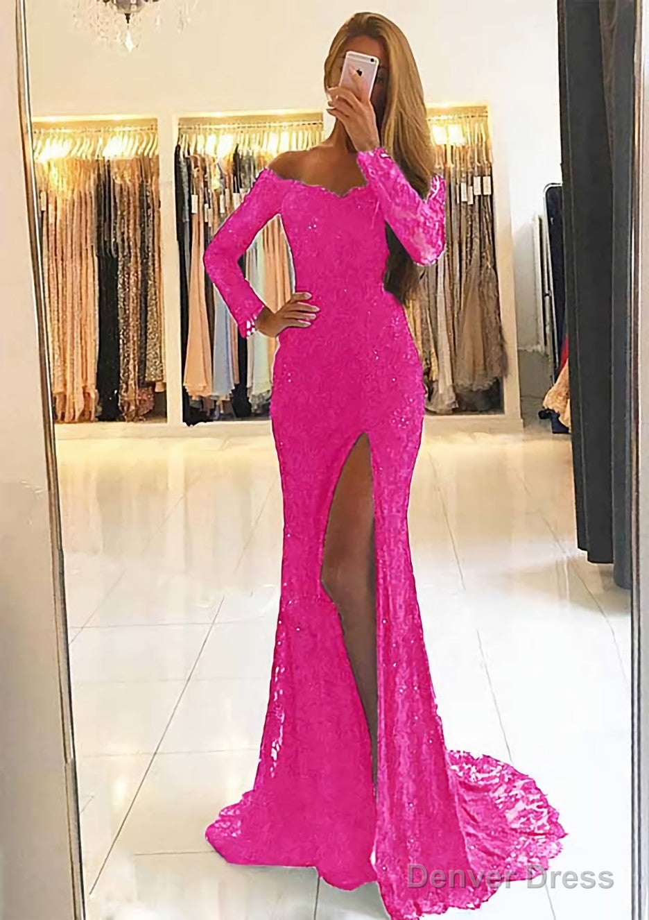 Sheath Column Off The Shoulder Full Long Sleeve Sweep Train Lace Dresses With Split