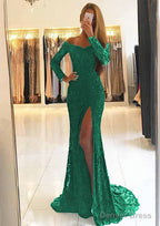 Sheath Column Off The Shoulder Full Long Sleeve Sweep Train Lace Dresses With Split