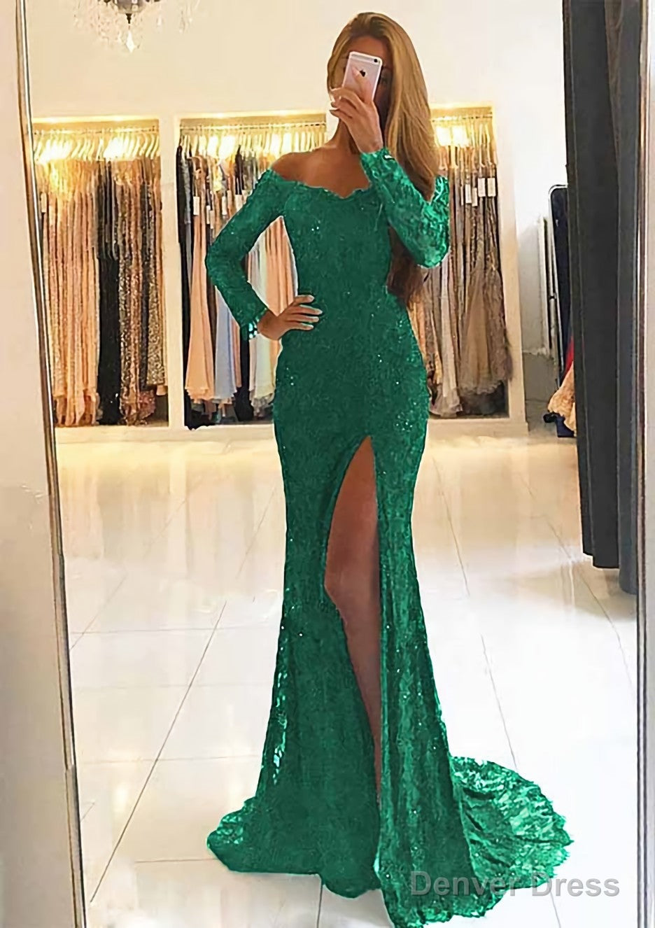 Sheath Column Off The Shoulder Full Long Sleeve Sweep Train Lace Dresses With Split