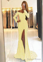 Sheath Column Off The Shoulder Full Long Sleeve Sweep Train Lace Dresses With Split