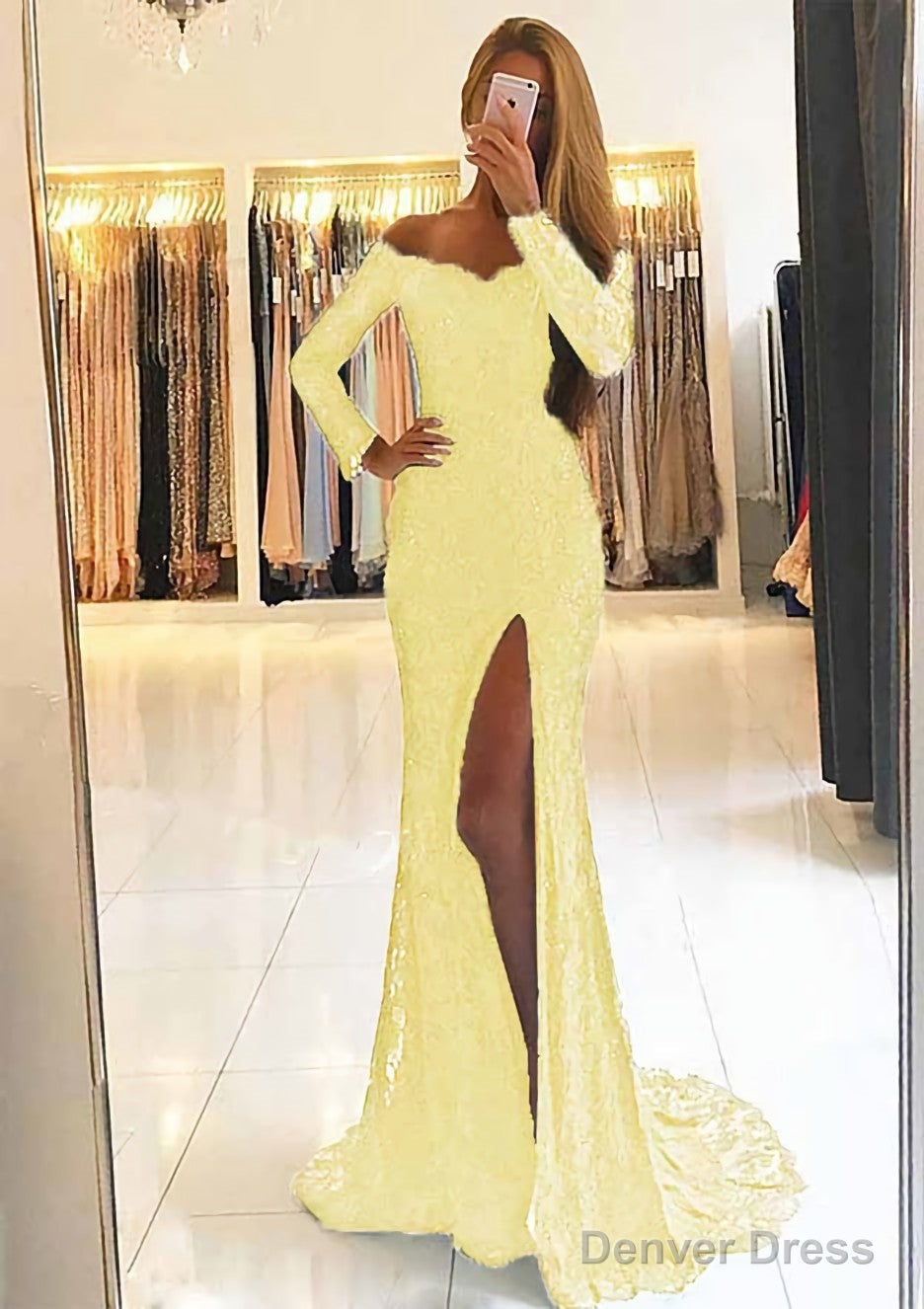 Sheath Column Off The Shoulder Full Long Sleeve Sweep Train Lace Dresses With Split