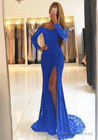 Sheath Column Off The Shoulder Full Long Sleeve Sweep Train Lace Dresses With Split