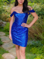 Sheath Column Off The Shoulder Short Mini Sequins Homecoming Dresses With Ruffles