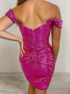 Sheath Column Off The Shoulder Short Mini Sequins Homecoming Dresses With Ruffles
