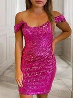 Sheath Column Off The Shoulder Short Mini Sequins Homecoming Dresses With Ruffles