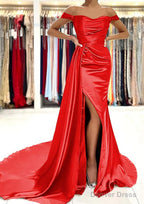 Sheath/Column Off-the-Shoulder Short Sleeve Charmeuse Court Train Prom Dresses With Pleated