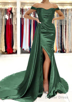 Sheath Column Off The Shoulder Short Sleeve Charmeuse Court Train Prom Dresses With Pleated