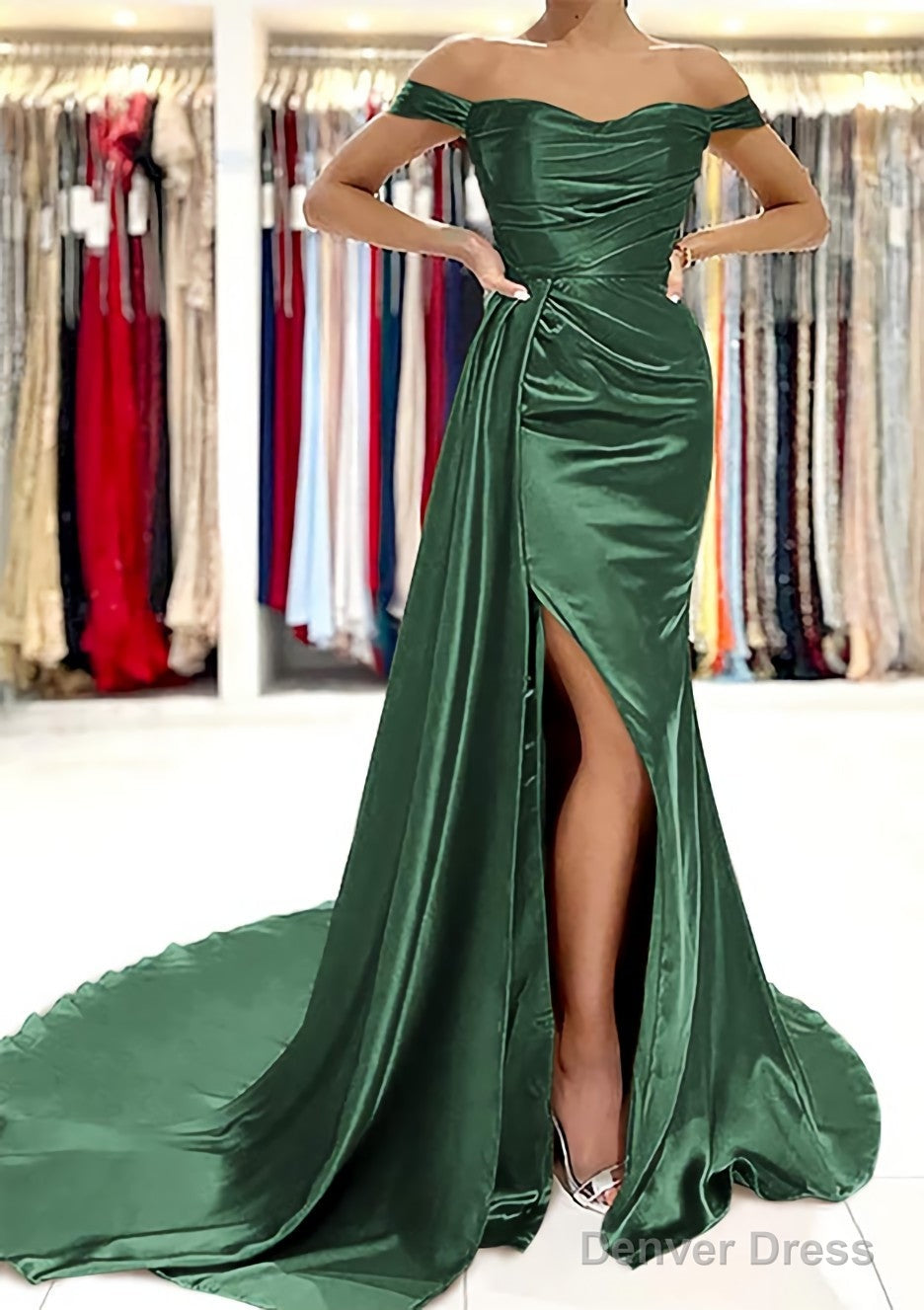 Sheath Column Off The Shoulder Short Sleeve Charmeuse Court Train Prom Dresses With Pleated