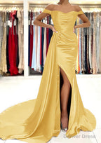 Sheath Column Off The Shoulder Short Sleeve Charmeuse Court Train Prom Dresses With Pleated
