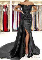 Sheath Column Off The Shoulder Short Sleeve Charmeuse Court Train Prom Dresses With Pleated
