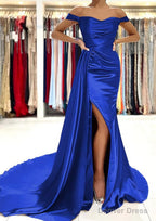 Sheath Column Off The Shoulder Short Sleeve Charmeuse Court Train Prom Dresses With Pleated