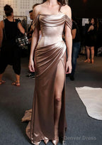 Sheath/Column Off-the-Shoulder Short Sleeve Sweep Train Satin Prom Dresses With Pleated