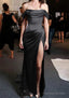 Sheath Column Off The Shoulder Short Sleeve Sweep Train Satin Prom Dresses With Pleated