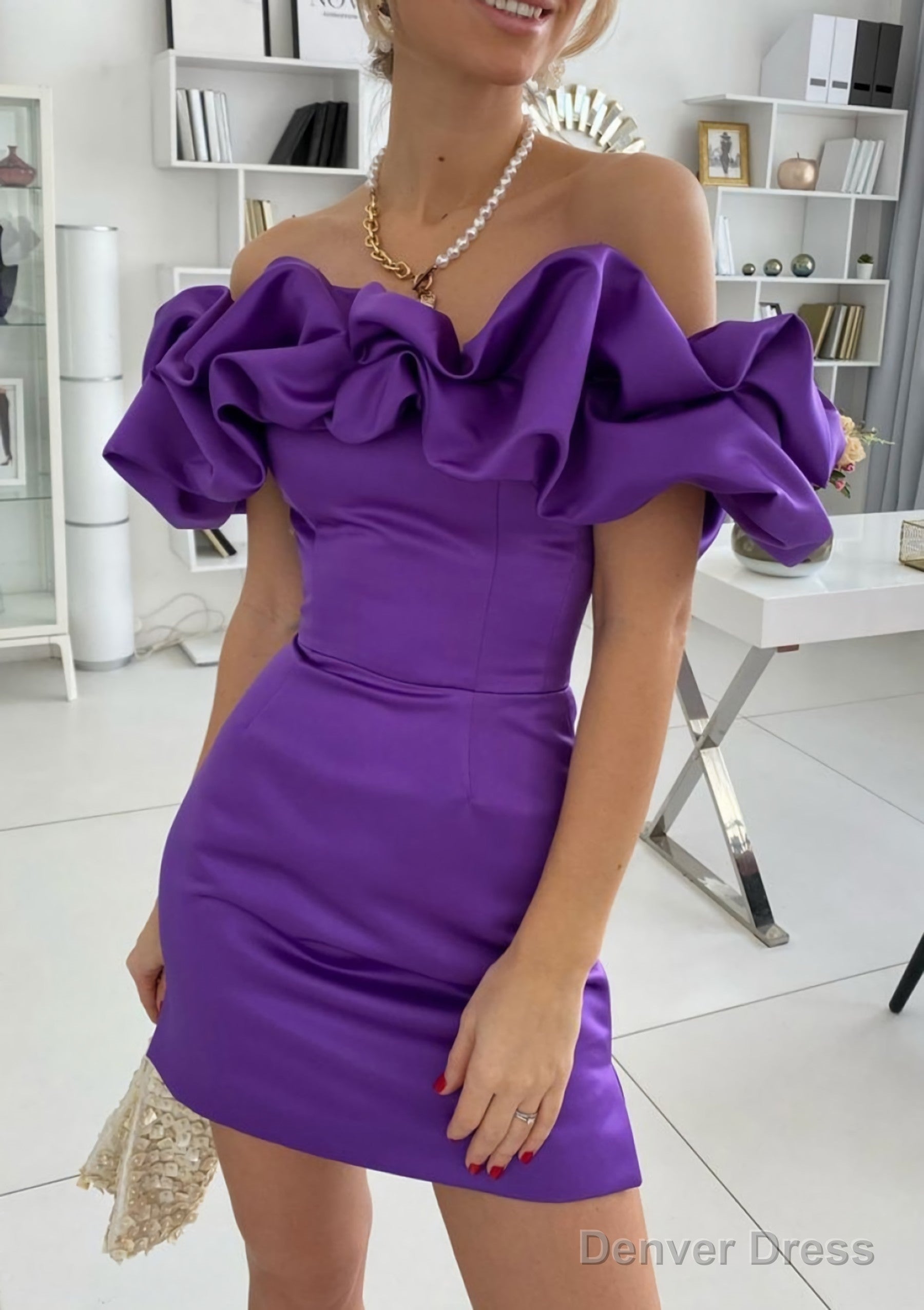 Sheath Column Off The Shoulder Sleeveless Satin Short Mini Homecoming Dresses With Ruffles