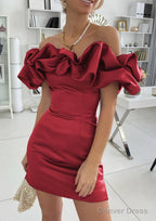 Sheath Column Off The Shoulder Sleeveless Satin Short Mini Homecoming Dresses With Ruffles