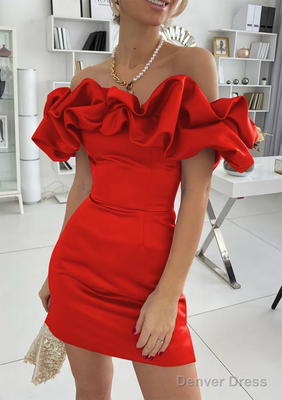 Sheath Column Off The Shoulder Sleeveless Satin Short Mini Homecoming Dresses With Ruffles