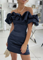 Sheath Column Off The Shoulder Sleeveless Satin Short Mini Homecoming Dresses With Ruffles
