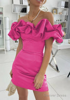 Sheath Column Off The Shoulder Sleeveless Satin Short Mini Homecoming Dresses With Ruffles